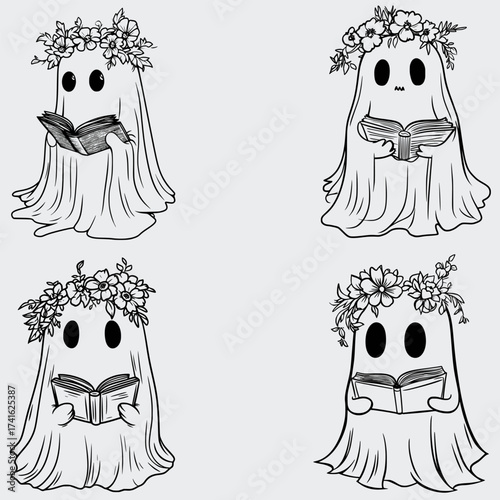 Halloween Floral ghost Read Book Line Art SVG Bundle, Ghost SVG, Halloween SVG, Silhouette, Vector, Cutting File For Cricut, Books SVG, Ghost Reading Book SVG
