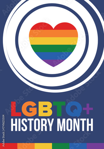 LGBTQ+ history month. Pride Month. Lesbian Gay Bisexual Transgender. Celebrated annual. LGBT flag. Rainbow love concept. Human rights and tolerance. Poster, card, banner and background. Vector