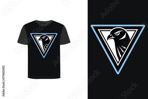 Tshirt mockup stylized falcon head graphic inside a light blue bordered triangle