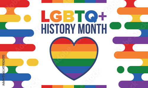 LGBTQ+ history month. Pride Month. Lesbian Gay Bisexual Transgender. Celebrated annual. LGBT flag. Rainbow love concept. Human rights and tolerance. Poster, card, banner and background. Vector