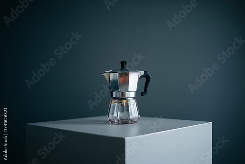 Classic Moka Pot Coffee Maker on White Pedestal