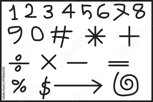 Hand Drawn Numbers Mathematical Symbols and Arrow on White Background digits arithmetic