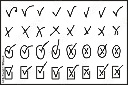 Set of Hand Drawn Check Marks and Crosses in Circles and Squares on White x mark tick