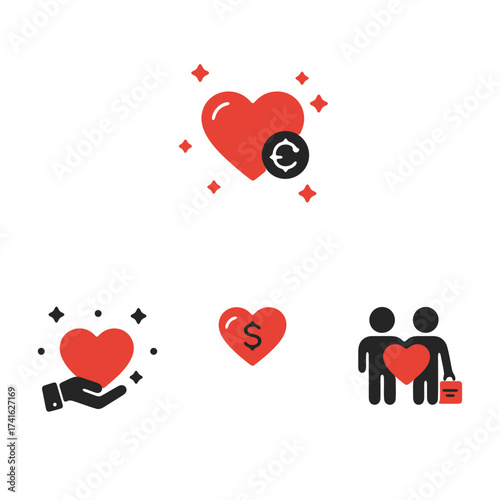 Love and Money Icons Set heart euro dollar finance investment charity donation business hand symbol relationship couple people