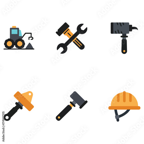 Construction and Building Tools Icon Set tractor hammer wrench nail gun level mallet hard hat equipment industry repair maintenance