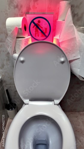 Warning sign illuminated in red forbidding throwing toilet paper or other items into toilet to prevent drain clogs, plumbing blockages and sanitation problems in public restrooms