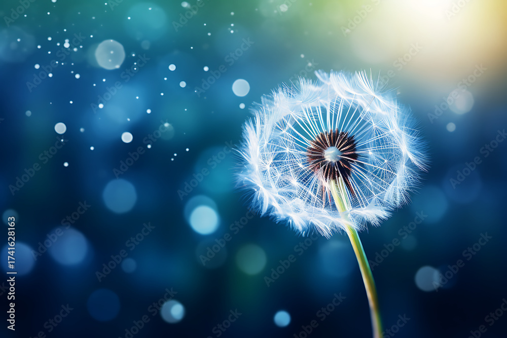 Naklejka premium A close-up of a dandelion seed head against a blurred blue background with sparkling bokeh