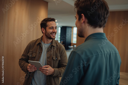 Two men smiling and talking in a modern office hallway
