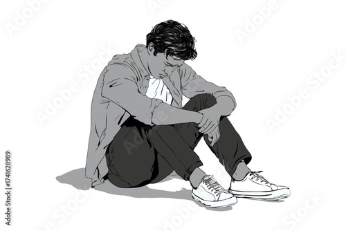 A sad young man sits on the ground with head down in a grayscale drawing style on white background, expressing loneliness and emotional distress
