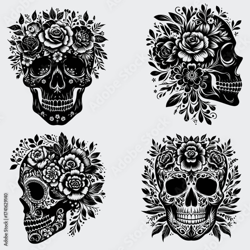 Floral Skull Head Vector SVG Bundle, Skeleton SVG, Skull Head SVG, Floral Skull Head SVG, Silhouette, Vector, Flower, Cutting File For Cricut