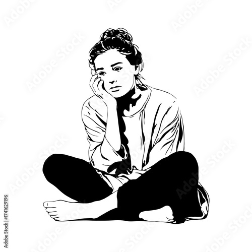 Thoughtful young woman sitting cross-legged in hand-drawn sketch style on white background, concept of contemplation and emotional introspection
