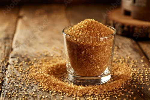 Glass Filled with Raw Brown Sugar with Spilled Grains
