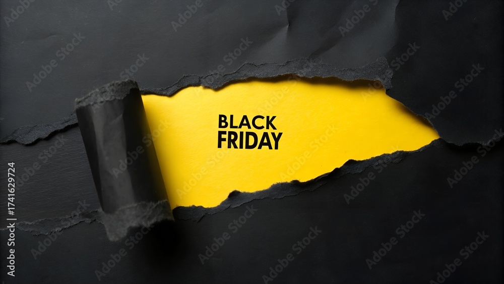 Fototapeta premium Black friday sale promotion with torn paper on yellow background concept