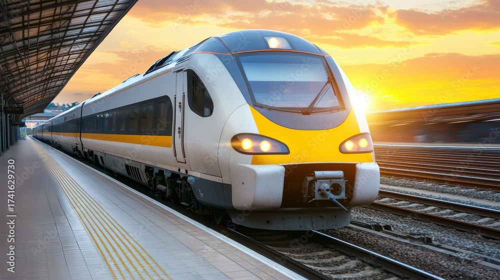 Naklejka premium High-Speed Train concept. Modern High-Speed Train Departing from Station at Sunset with Vibrant Sky and Platform in Foreground