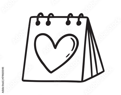 Flip up desk calendar big heart, day of meeting, love day, date doodle hand drawn icon. Outline line drawing clipart symbol