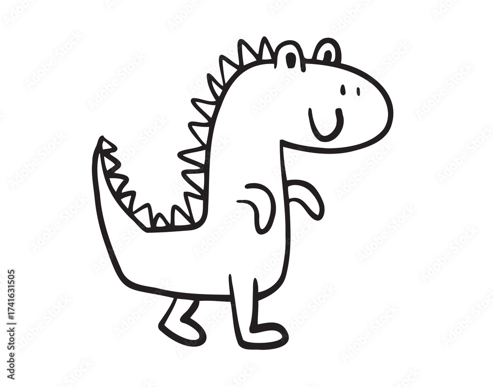 Naklejka premium Funny outline doodle hand drawn cute dinosaur. Baby art, dinosaur with smile character