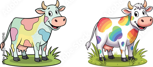 Colorful cartoon cows illustration, rainbow cow artwork, funny farm animal design, creative livestock drawing, playful dairy vector
