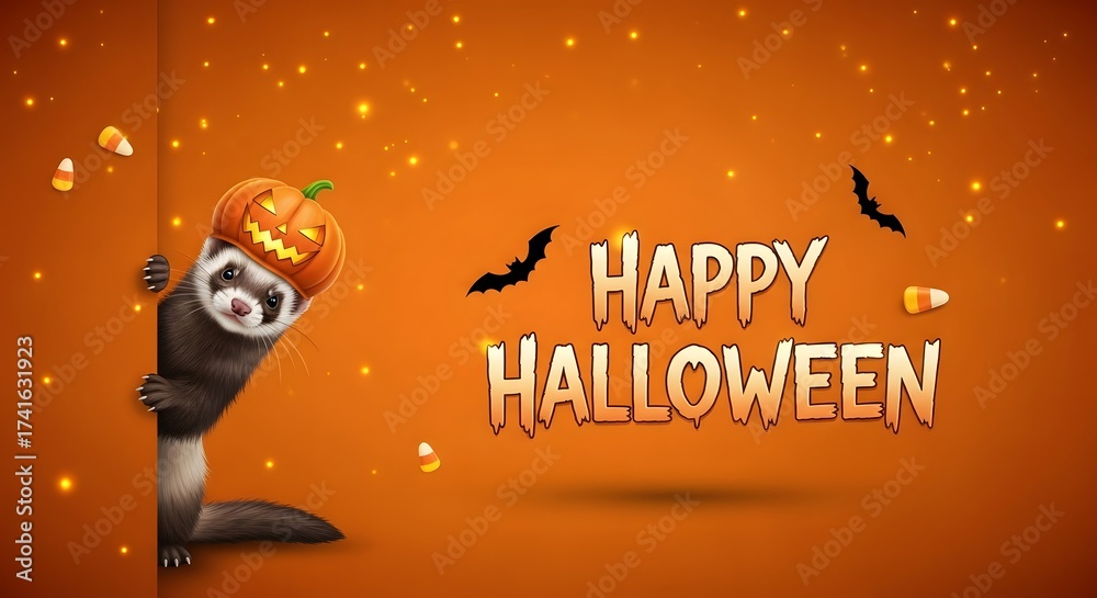 Fototapeta premium Cute ferret wearing a pumpkin hat peeking from the side with happy halloween text, celebrating the spooky holiday with bats and candy corn