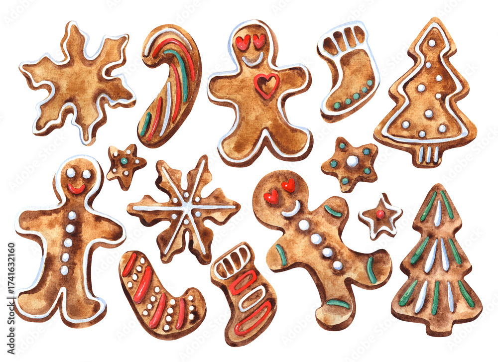 Fototapeta premium Gingerbread cake, heart, men. Clipart. Christmas cookies backing. Watercolor illustration. Greeting cards, print, poster. Gift box.