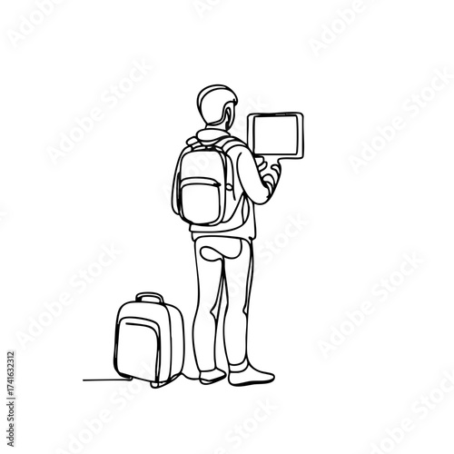 Traveler observing in-flight entertainment with luggage, minimalist black line art on white background, concept of travel and exploration.