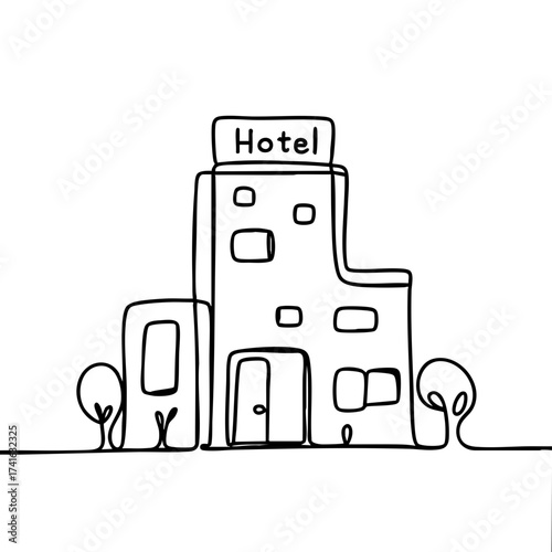 Minimalistic abstract continuous line drawing of a hotel building with entrance, smooth curves on plain white background, concept of hospitality and design.