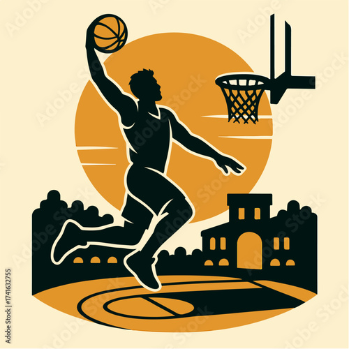 Basketball player slam dunk over rim urban court stadium sunset badge vector