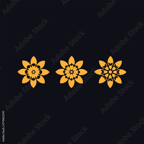 Set of Three Golden Symmetrical Floral Mandala Icons on Dark Background, Luxury Vector Collection of Abstract Flower Logos in Yellow, Orange