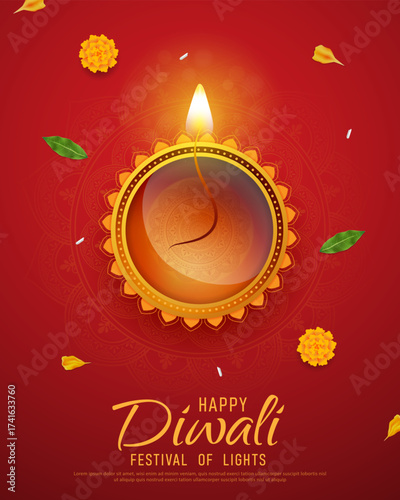 Happy Diwali - Vibrant Festival of Lights Celebration Background Poster Design With Decorative Diya.Indian Hindu Light Festival. Holiday Background. Vector Illustration.