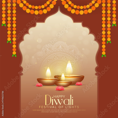 Happy Diwali - Vibrant Festival of Lights Celebration Background Poster Design With Decorative Diya.Indian Hindu Light Festival. Holiday Background. Vector Illustration.