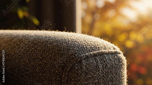 Warm Sunlight Cascades Over a Textured Sofa in Tranquil Autumnal Setting