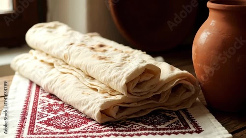 Warm Tones of Lavash Flatbread With Earthenware Jugs on Embroidered Cloths
