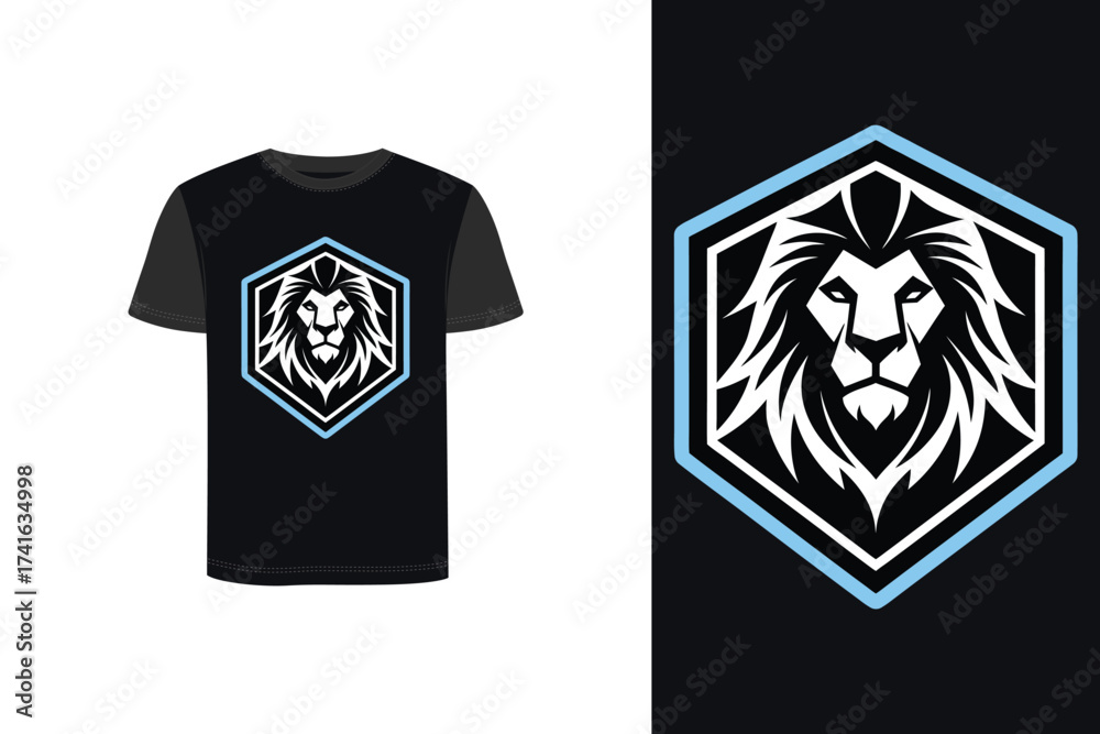 Fototapeta premium Tshirt mockup t shirt with stylized lion head logo dark animal face