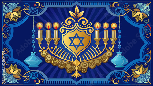 Elegant Hanukkah vector card, ornate border with menorah ornaments, decorative vintage frame, festive blue background, golden accents, central space blank, perfect seasonal poster design for holiday 