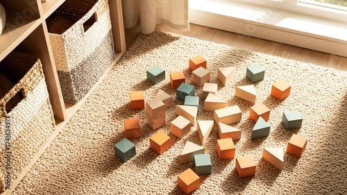 Wooden Building Blocks On A Rug And Near Storage Baskets, Educational Toys Concept