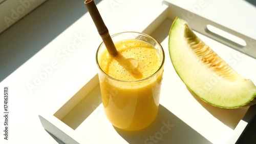 Yellow Melon Smoothie Presented On a White Tray with a Straw and Slice, Close Up