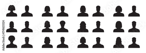 Silhouette male and female heads. People profile avatars, anonymous faces portraits, black silhouette unknown faceless set