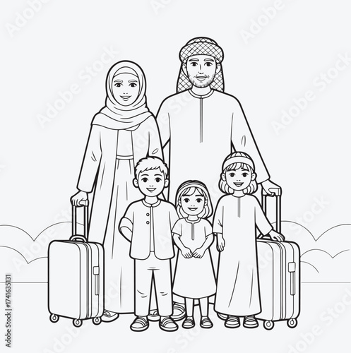 Black-and-White Family Travel Illustration Featuring Five Middle Eastern Figures in Traditional Attire with Suitcases and Cloud Background, Cultural Journey Scene for Heritage, Togetherness.