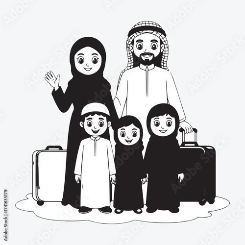 Black-and-White Cartoon Illustration of Middle Eastern Family in Traditional Attire with Suitcases, Cultural Travel Scene Featuring Hijab, Thobe, Keffiyeh, and Abaya for Heritage, Pilgrimage.