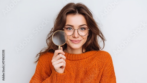 Beautiful woman wearing glasses curiously examining details with a golden magnifying glass seeking answers now