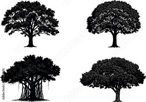 Set of black tree silhouette icons with diverse canopy shapes, isolated vector illustrations for nature, forest, landscape, and design themes