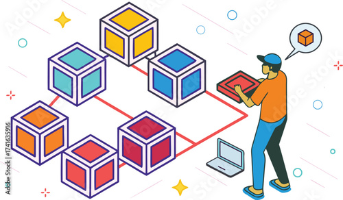 Blockchain Network Concept with Connected Cubes and Developer