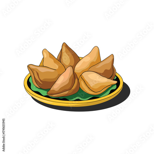 Traditional Samosa Plate Illustration Featuring Six Golden-Brown Triangular Snacks on Yellow Dish with Green Leaf Base, Crispy South Asian Appetizer Visual for Culinary, Cultural, and Festive Food Co