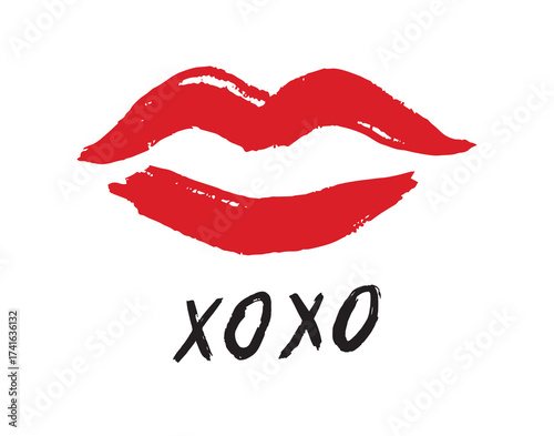 pink red lipstick kiss symbol, hugs and kisses text xoxo. lips xo xo doodle hand drawn icon. Drawing line clipart symbol