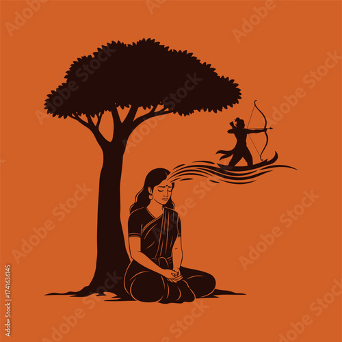 Sita meditating under a tree, experiencing the memory or presence of Lord Rama holding his bow. A stylized, monochrome illustration of a spiritual moment from the Ramayana.