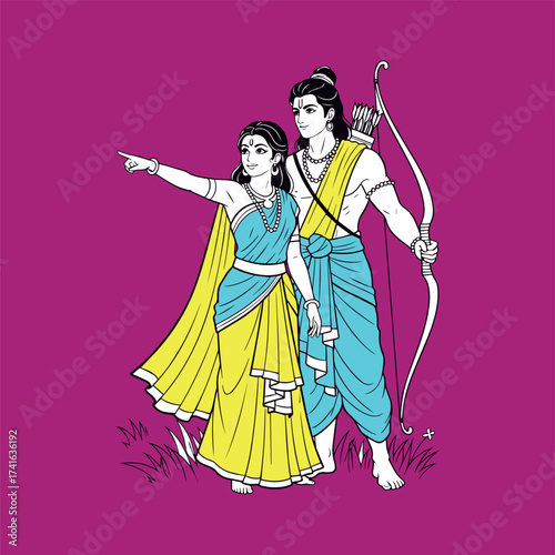 Lord Rama and Sita in a traditional Indian folk art style. The divine couple, carrying a bow and arrow, are shown pointing toward their path in the forest during their exile.