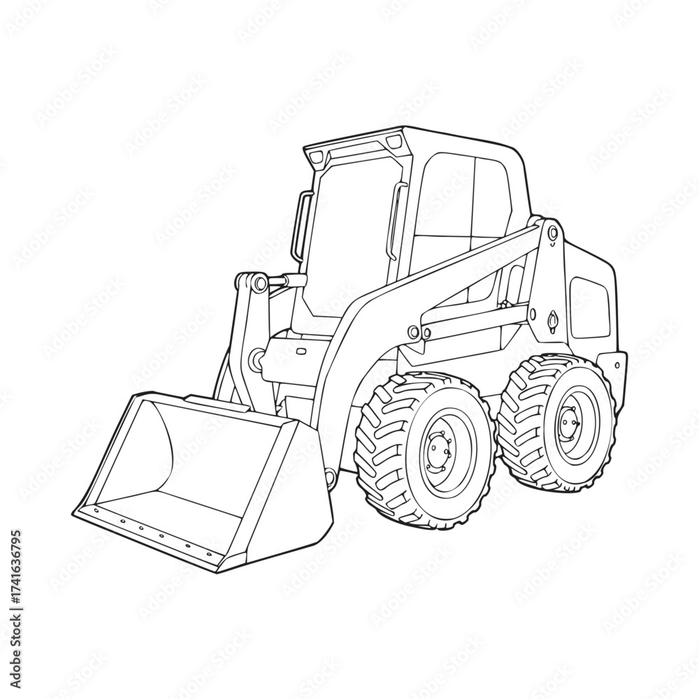 Naklejka premium Precision Line Art of a Skid Steer Loader Ready for Construction and Heavy Lifting Projects, Perfect for Technical Drawings and Industrial Design, Editable Format for Versatile Use