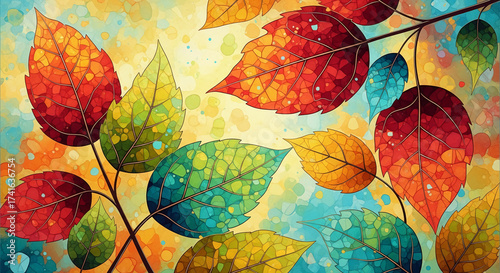 Colorful autumn leaves illustration, vibrant red, green, yellow, and blue hues, mosaic-like texture, creates a cheerful and autumnal mood, ideal for seasonal designs