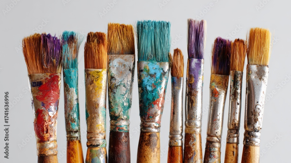 Fototapeta premium Colorful used paintbrushes displayed artistically on neutral background
