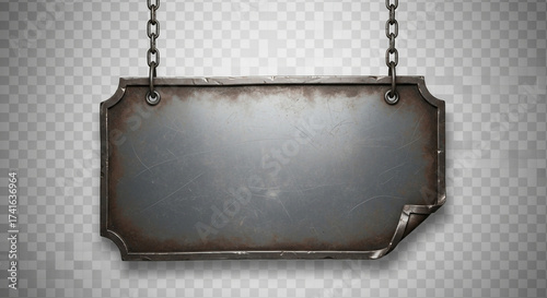 Rustic distressed metal sign hangs by heavy chains, offering a vintage industrial aesthetic for creative projects and historical themes.