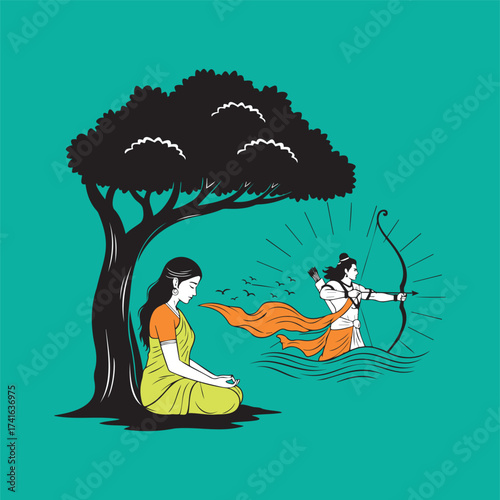 Sita finds solace under the tree, her faith conjuring a vision of Lord Rama rushing to her rescue. Dynamic vector art of hope and separation in the Ramayana.